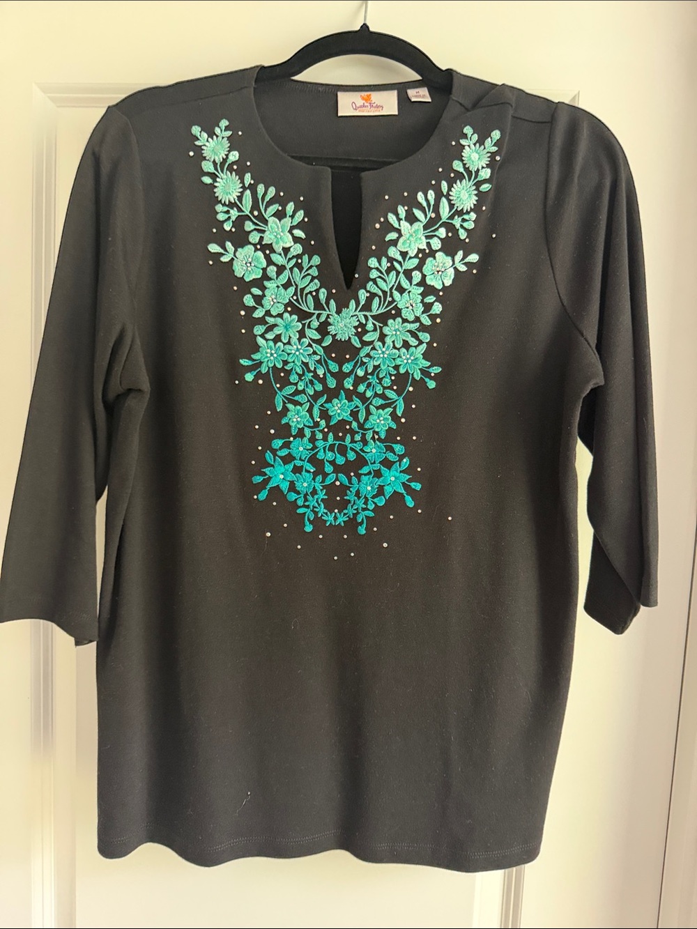 Quacker Factory Black Tunic with Teal Floral Embroidery